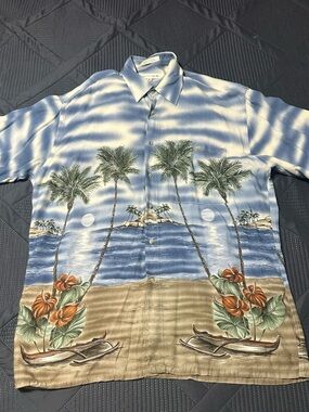 Pierre Cardin Hawaiian Shirt Men M Blue Sky Oceans Palm Tree Tropical Beach